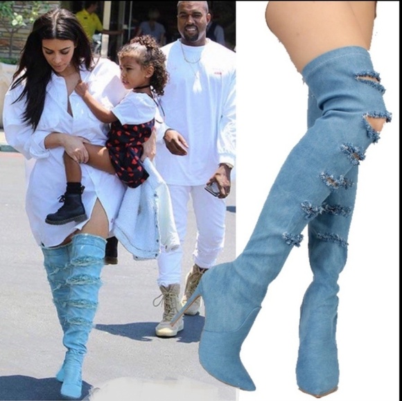 Shoes - 🆕️ DENIM DISTRESSED POINTY TOE THIGH HIGH BOOTS
